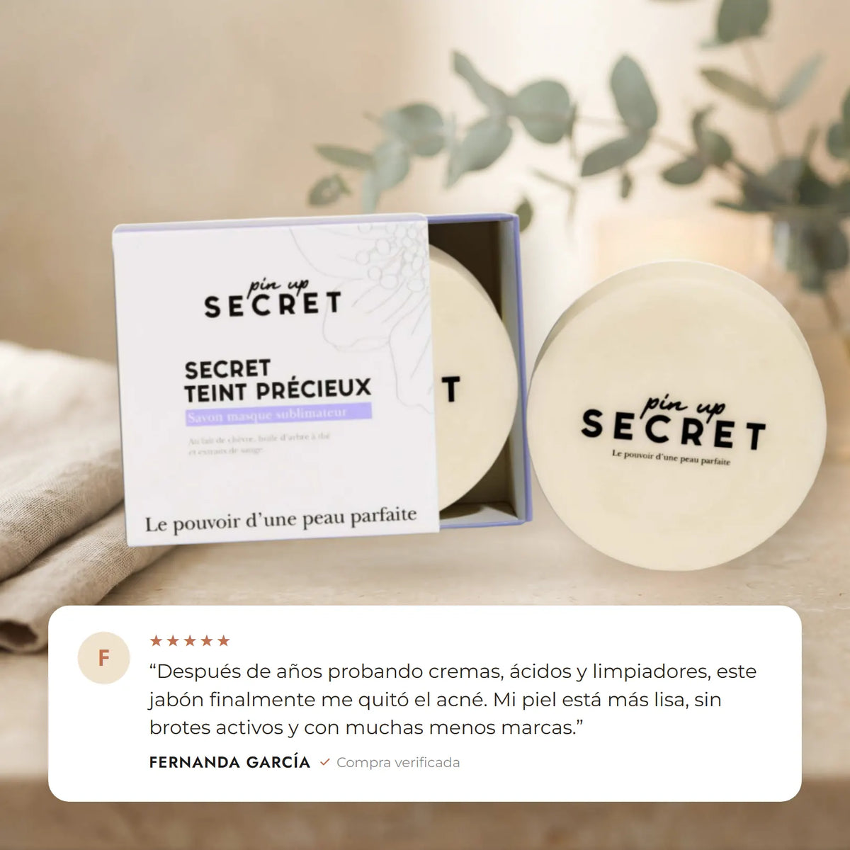Secret Teint Précieux, jabón mascarilla para el acné, con reseña de clienta verificada