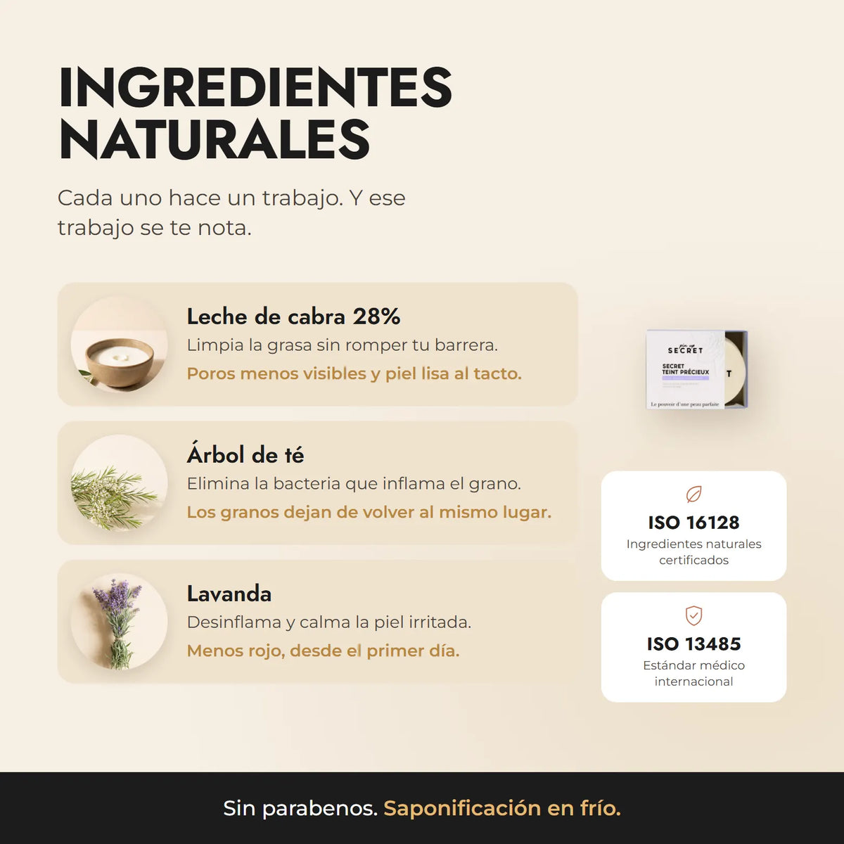 Ingredientes naturales: leche de cabra 28%, árbol de té y lavanda. ISO 16128 e ISO 13485